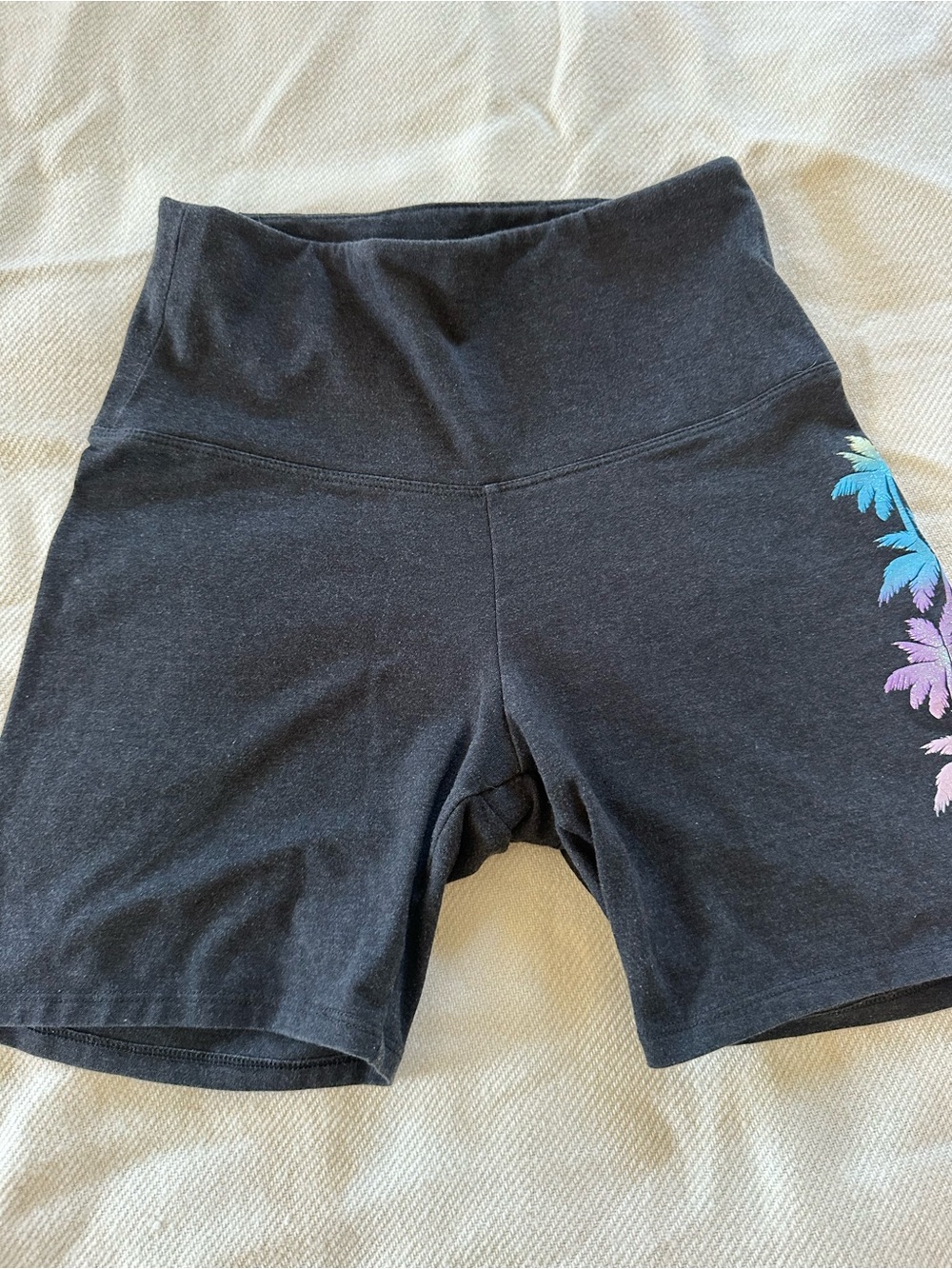 PINK Victoria's Secret Black High-Waist Bike Shorts with Blue-Purple Leaf Trim